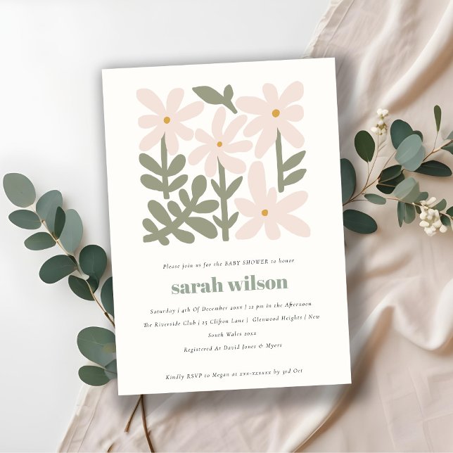 Invitation Chic Dusky Blush Rétro Baby shower Floral Minimal (Créateur téléchargé)