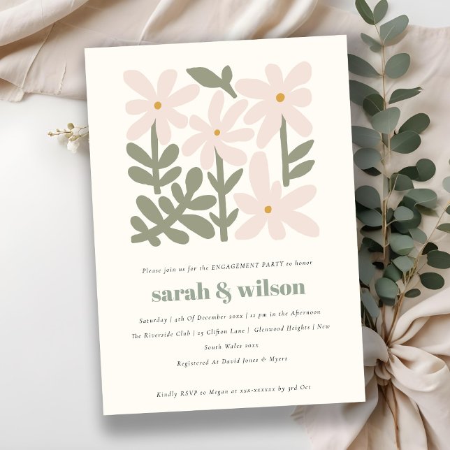 Invitation Chic Dusky Blush Rétro Fiançailles Floral Minimal (Créateur téléchargé)