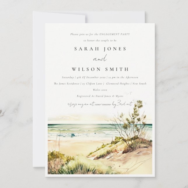 Invitation Chic Dusky Coastal Beach Sun Seascape Fiançailles (Devant)