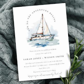 Invitation Chic Dusky Sailboat Yacht Seascape Couples Douche