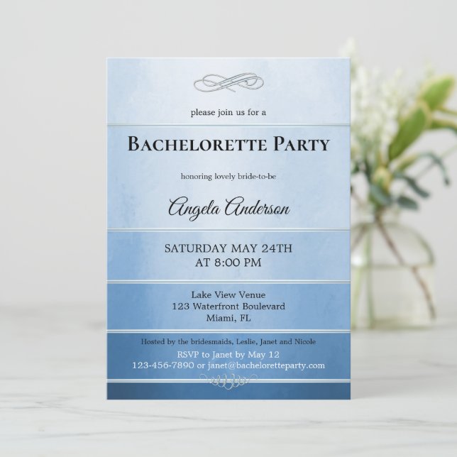 Invitation Chic Dusty Bachelorette rayée Bleue (Debout devant)