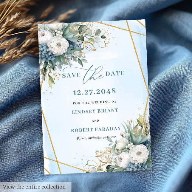 Invitation Chic Dusty Bleu Blanc Or Floral Enregistrer La Dat (Chic Dusty Blue White Gold Floral Save The Date)