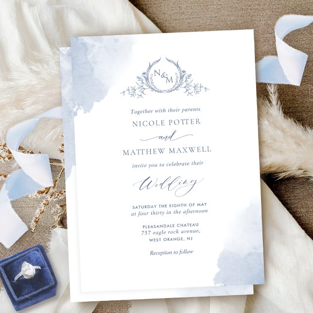 Invitation Chic Dusty Blue Aquarelle Stains Monogram Mariage (Créateur téléchargé)