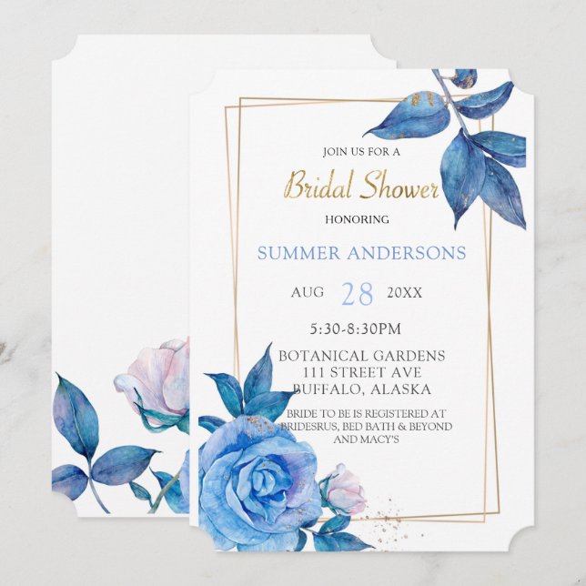Invitation Chic Dusty Blue Blush Gold Roses Fête des mariées (Devant / Derrière)