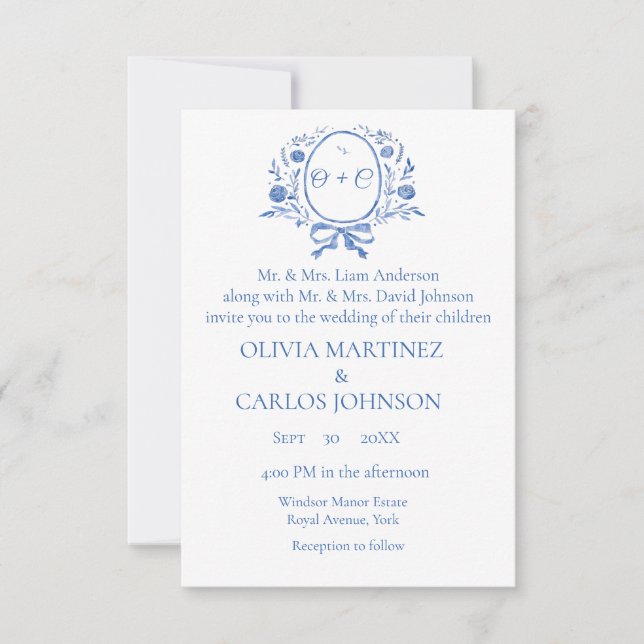Invitation Chic Dusty Blue Crest Monogramme élégant mariage (Devant)