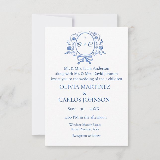 Invitation Chic Dusty Blue Crest Monogramme élégant mariage (Devant)