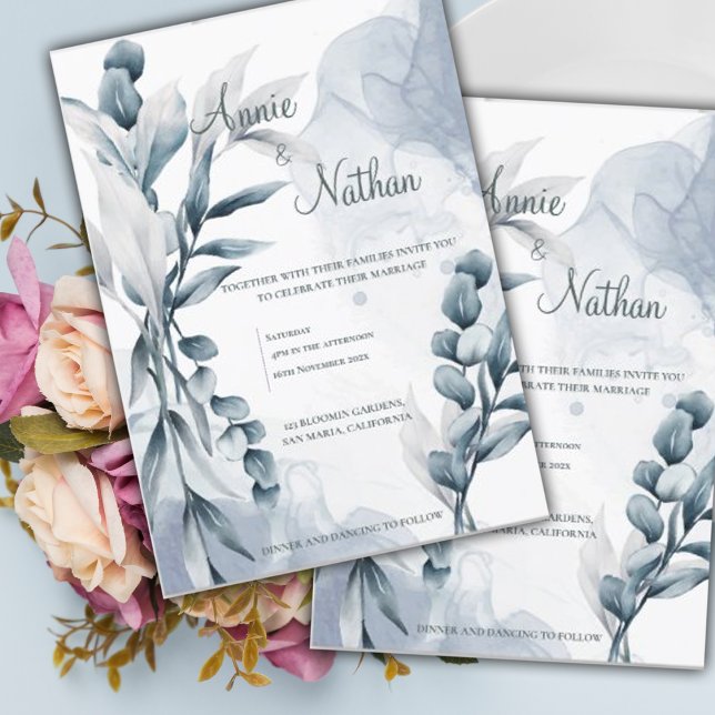 Invitation Chic Dusty Blue Eucalyptus Feuilles Elégant mariag (Chic Dusty Blue Eucalyptus Leaves Elegant Wedding Invitation)