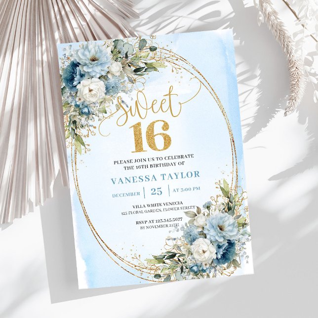 Invitation Chic Dusty Blue Floral Gold pour une Sw (Chic Dusty Blue Floral Gold Sweet Sixteen Invitation)