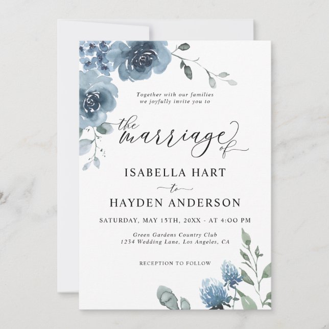 Invitation Chic Dusty Blue Floral Mariage Mariage moderne (Devant)