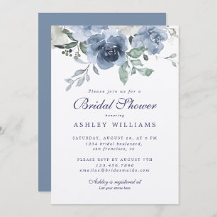 Invitation Chic Dusty Blue Rose Marine Fête des mariées bleue