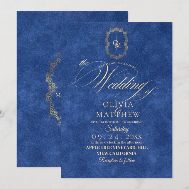 Invitation Chic Dusty Mariage bleu (Devant / Derrière)