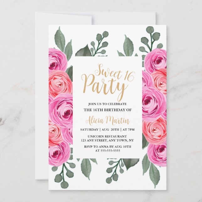 Invitation Chic Dusty Rose Rose Vert Or Sweet 16 Party (Devant)