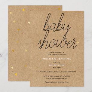 Invitation Chic écriture Baby Shower Cœurs Dorés Kraft Rustiq