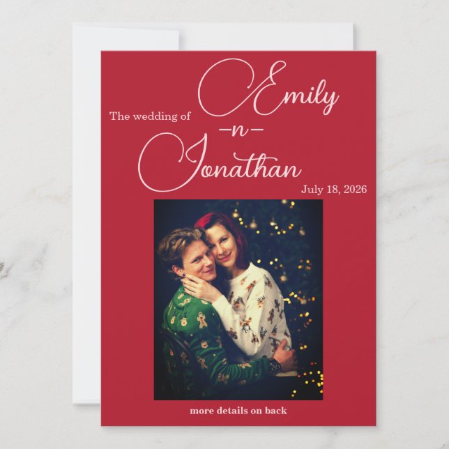 Invitation Chic Editorial Deep Red One Photo Mariage (Devant)