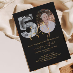 Invitation Chic Elegant Black Gold Photo Script 50e anniversa