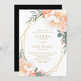 Invitation Chic Elegant Blush Gold Peach Black Floral Mariage