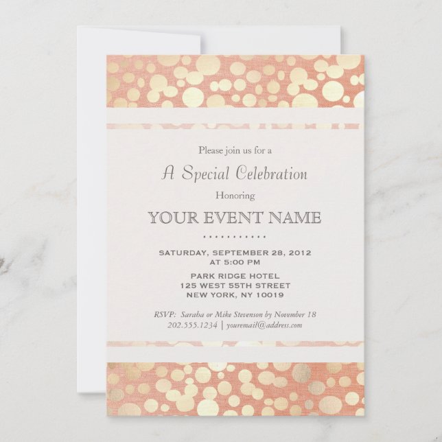 Invitation Chic Élégant Cercles de Feuille d'Or Fausse et Lin (Devant)