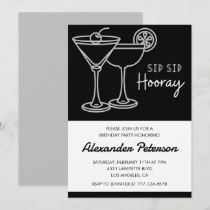 Invitation Chic Élégant Cocktail Noir Blanc 74e anniversaire
