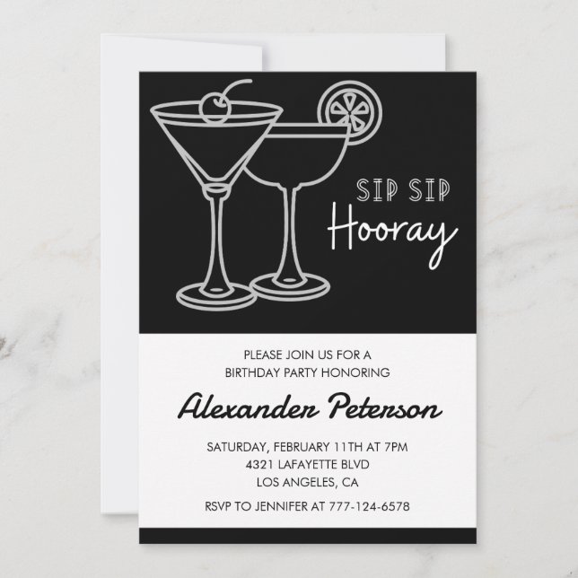 Invitation Chic Élégant Cocktail Noir Blanc 91e anniversaire (Devant)
