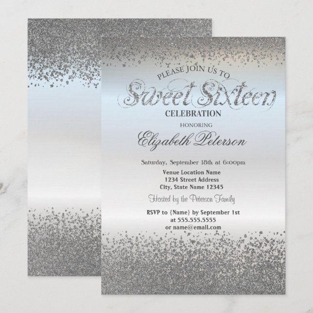 Invitation Chic Élégant Diamants Argent Confettis  Douce 16 (Devant / Derrière)