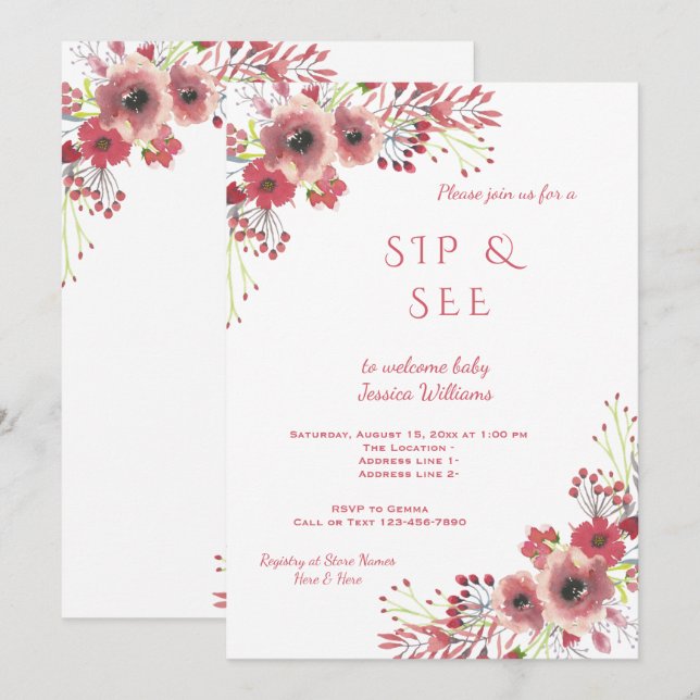 Invitation Chic Élégant Fleurs Aquarelle Sip & See (Devant / Derrière)