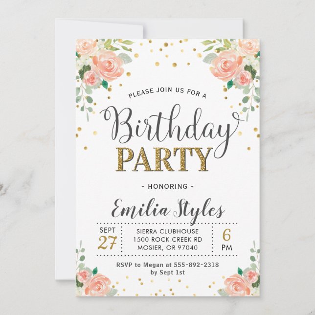Invitation Chic Elegant Floral Peony Femmes Anniversaire (Devant)