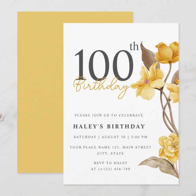 Invitation Chic Élégant Floral Simple Jaune 100e Anniversaire (Devant / Derrière)