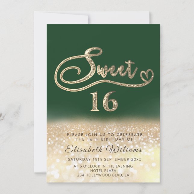 Invitation Chic élégant glam or glittery ombre vert (Devant)