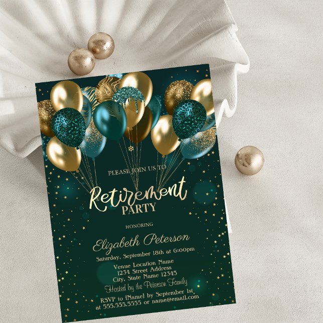Invitation Chic élégant Gold Green Balloons Retraite verte (Créateur téléchargé)
