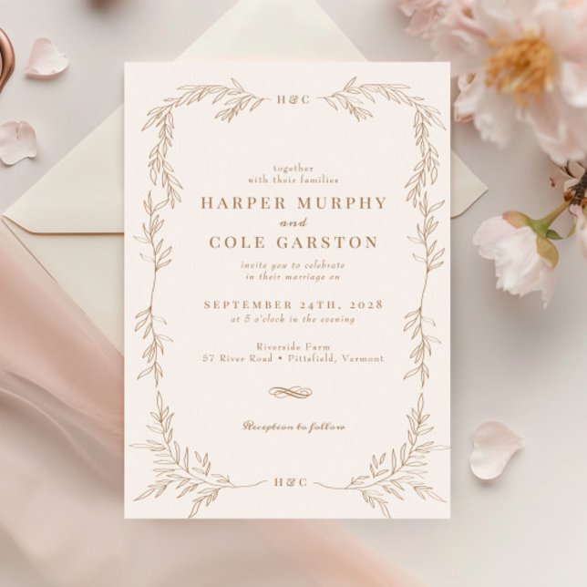 Invitation Chic Elegant Gold Vine Verdure Cadre Mariage (Créateur téléchargé)