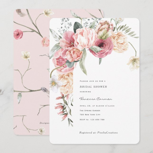 Invitation Chic élégant jardin fleuri romantique aquarelle (Devant / Derrière)