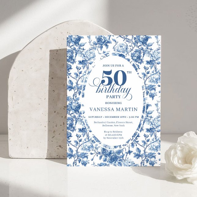 Invitation Chic Elegant Navy Toile de Jouy Rose 50th Birthday (Chic Elegant Navy Toile de Jouy Rose 50th Birthday Invitation)