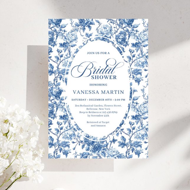 Invitation Chic Elegant Navy Toile de Jouy Rose Bridal Shower (Chic Elegant Navy Toile de Jouy Rose Bridal Shower Invitation)