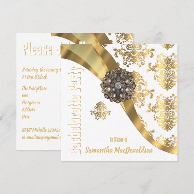 Invitation Chic élégant or damask bachelorette soirée (Devant / Derrière)