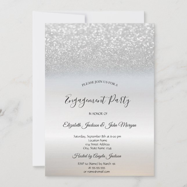 Invitation Chic Élégant Paillettes Argentées Bokeh Fiançaille (Devant)