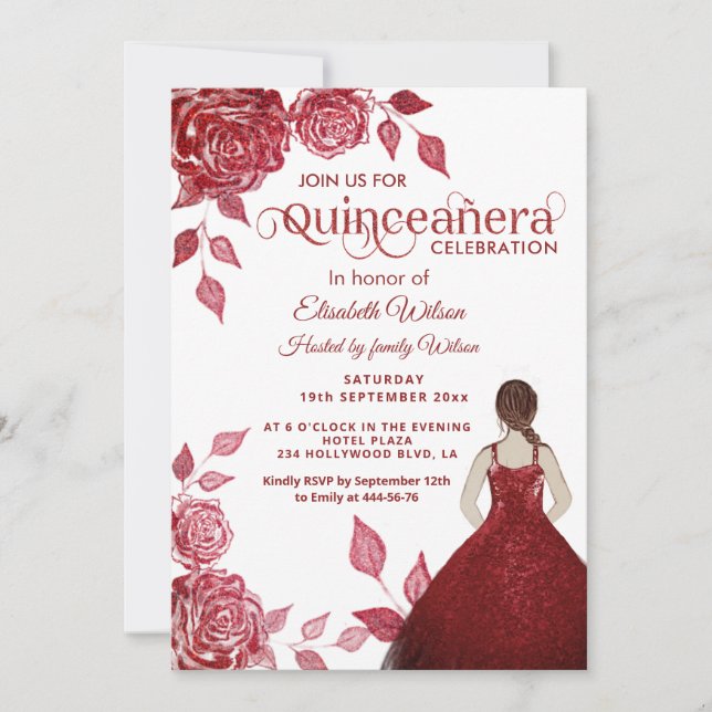 Invitation Chic élégant romantique roses rouges Quinceañera (Devant)