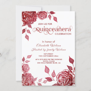 Invitation Chic élégant romantique roses rouges Quinceañera