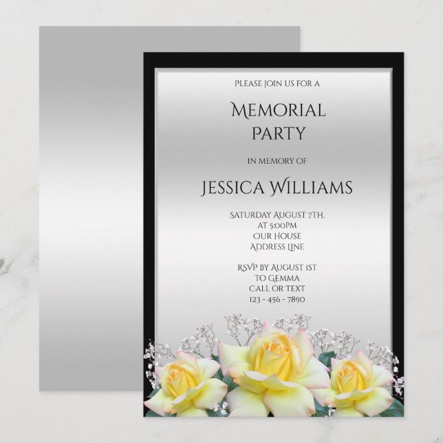 Invitation Chic Elegant Rose Silver Memorial Party (Devant / Derrière)