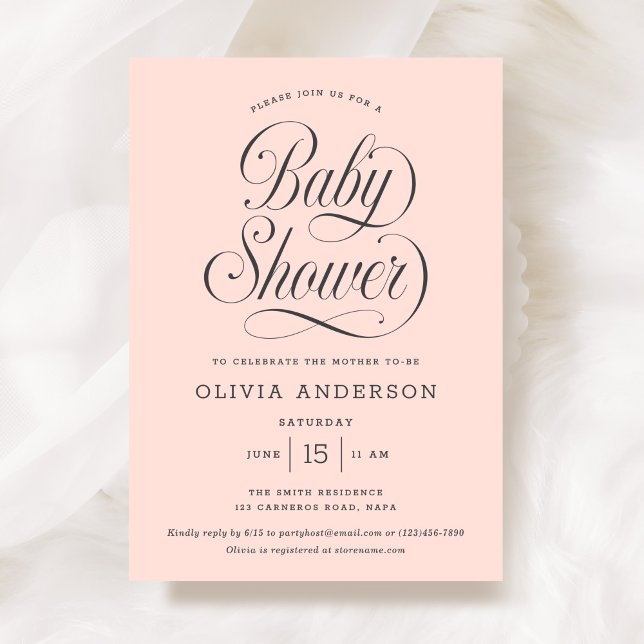 Invitation Chic Elegant Script  Blush Pink Girl Baby Shower (Créateur téléchargé)