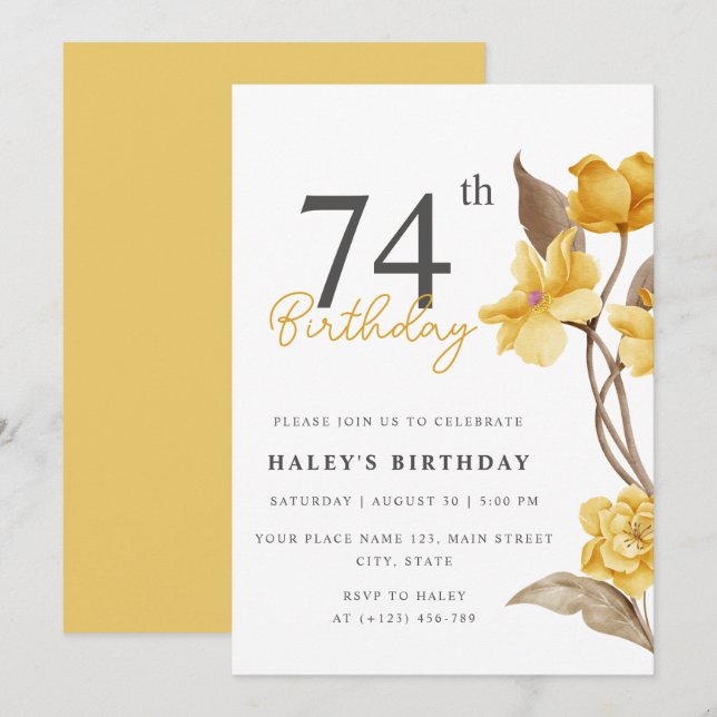 Invitation Chic Élégant Simple Floral Jaune 74e Anniversaire (Devant / Derrière)