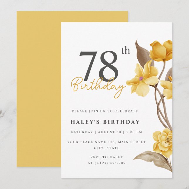 Invitation Chic Élégant Simple Floral Jaune 78e Anniversaire (Devant / Derrière)