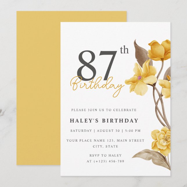 Invitation Chic Élégant Simple Floral Jaune 87e Anniversaire (Devant / Derrière)
