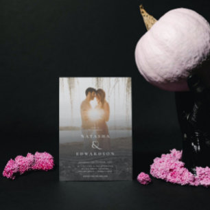 Invitation Chic Elegant Wavy Black Photo Mariage Abstrait