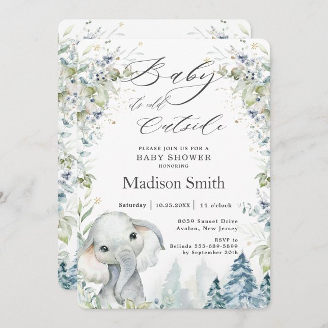 Invitation Chic Elephant Hiver Baby shower alpin Neutral I (Devant / Derrière)
