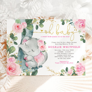 Invitation Chic Eléphant Roses Roses Rose Verdure Baby shower