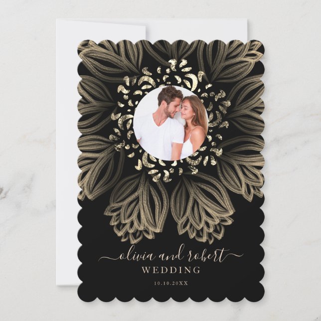 Invitation Chic Elgant Black and Gold Floral Photo Mariage (Devant)