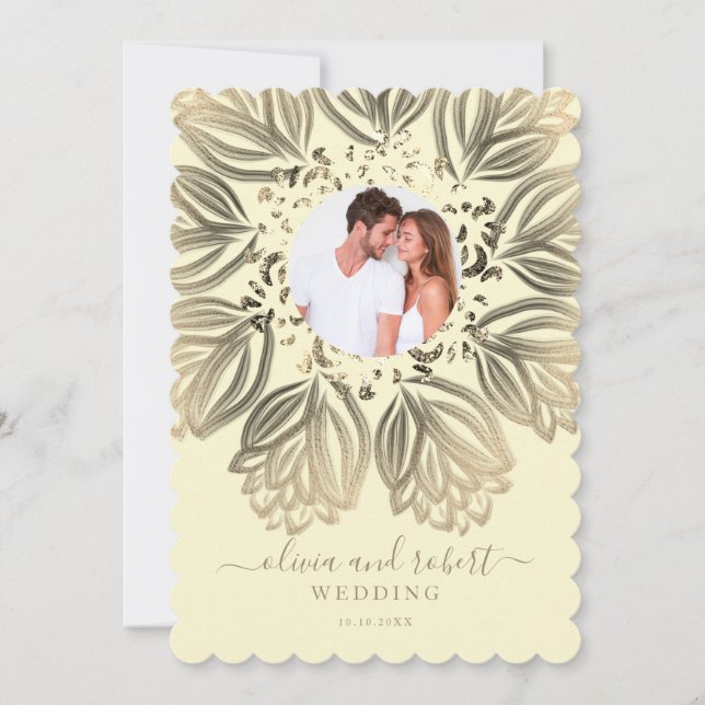 Invitation Chic Elgant Crème Beige Or Floral Mariage photo (Devant)