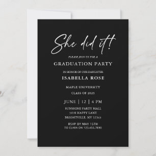 Invitation Chic Elle l'a fait Black and White Graduation Part