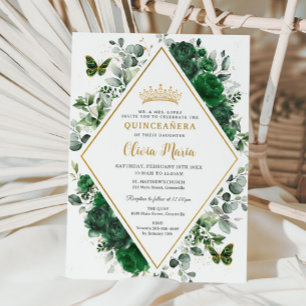 Invitation Chic Emerald Green Butterflies Floral Quinceañera