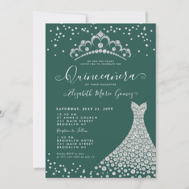 Invitation Chic Emerald Green Diamond Tiara Gown Quinceanera (Devant)